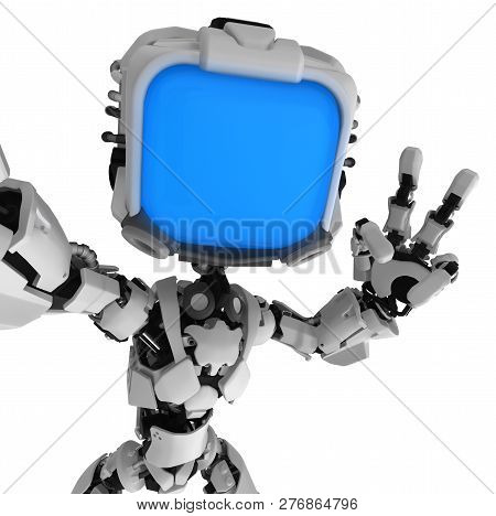 Screen Robot Figure Character Pose Selfie, 3d Illustration, Horizontal, Isolated