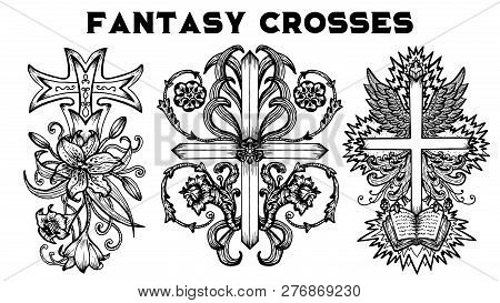 Hand Drawn Set With Fantasy Crosses, Engraved Mystic Vector Illustration