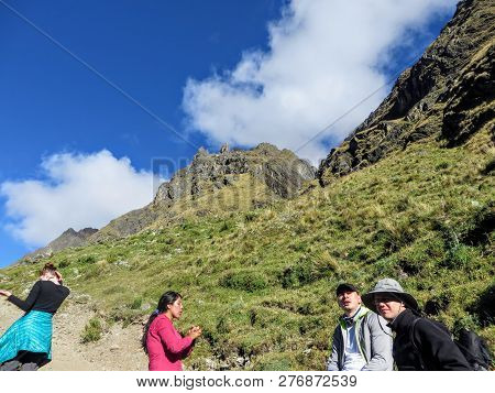 Salkantay, Trail, Cusco Province, Peru - May 8th, 2016: A Young Group Of International Hikers, Led B