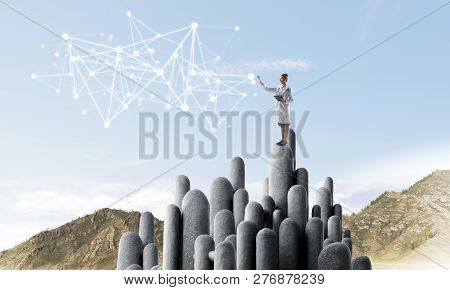 Young Female Doctor With Folder In Hands Satnding On Stone Column. 3d Rendering