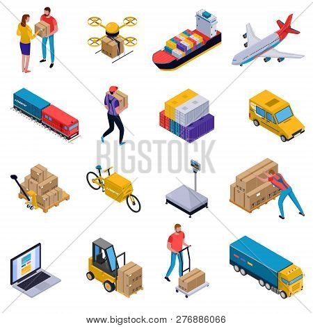 Isometric Colorful Set Of Icons With Delivery Transport Loaders And Couriers At Work Isolated On Whi