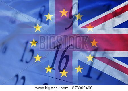United Kingdom And Eu Flags Combined With Calendar Background In Close-up. Full Frame Background Con