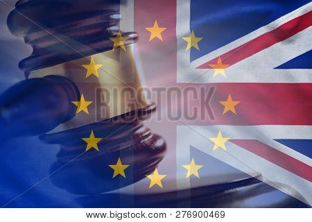 Court Gavel Strike With European Union And The United Kingdom Flags Combined In Brexit Concept Backg
