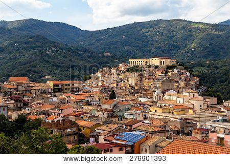 View Of San Piero Patti, A Beautiful Village In The Nebrodi Mountains Park In Sicily, Italy