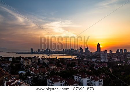 View Of Old Town And Qingdao Bay At Sunset, Qingdao, China
