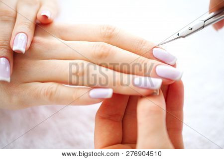 Spa Manicure. French Manicure At Spa Salon. Woman Hands In A Nail Salon Receiving A Manicure Procedu