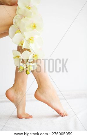 Hair Removal. Close Up Woman Hands Touching Long Legs, Soft Skin