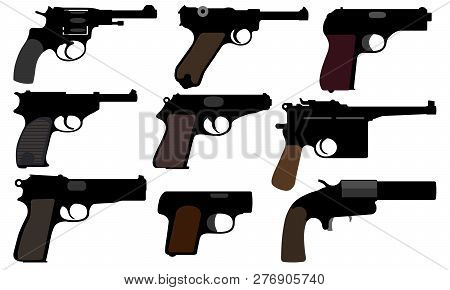 Collection Of Gun. Vintage Pistols. Set Of Vector Illustration. Weapons Of The Second World War