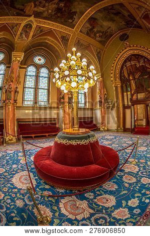 Budapest, Hungary - December 19, 2018: Interior Of The Hungarian Parliament, The Seat Of The Hungari