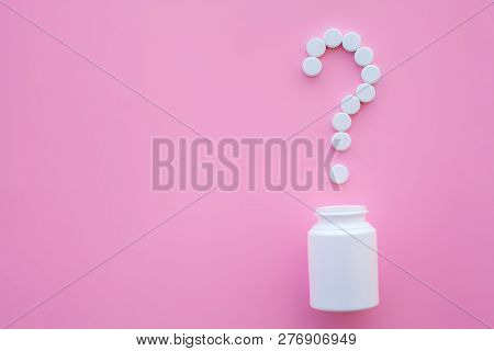 Medical Concept. Colored Pills And Capsule On Pink Background. Pharmacy Theme, Capsule Pills With Me