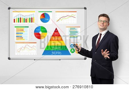 Handsome businessman presenting health reports on white board with laser pointer 