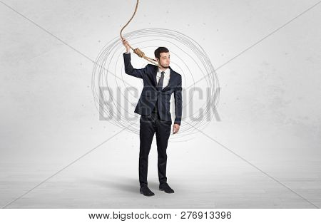 Burnout young elegant businessman trying to suicide with doodle concept