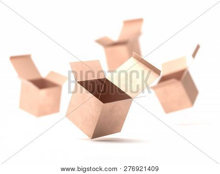 Open Gift Golden Box Cardboard Mockup In The Air. Open Flying Carton Cardboard Box Container Package
