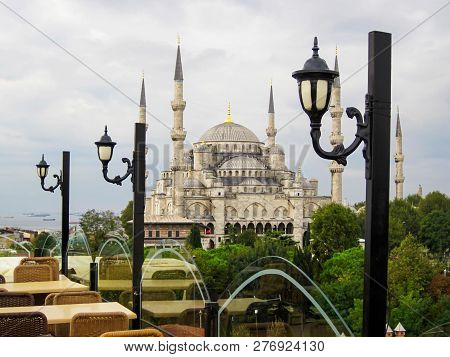 Beautiful View On Unique Blue Mosque In Istanbul And Bosfor