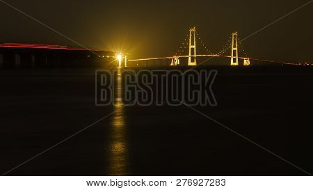The Bridge Across The Great Belt - The Storebaelt Bridge In Denmark, Night Time.