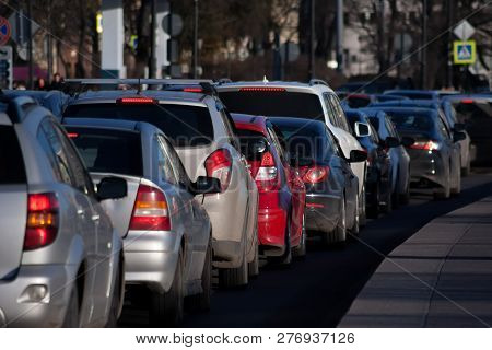 Transport Jam On City Roads St. Petersburg In Summer Day