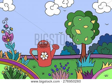 Watering Can In 

The Meadow With Flowers Illustration In The Style Lubok