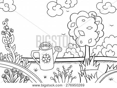 Watering Can In The Meadow With Flowers Illustration In The Style Lubok 

Coloring