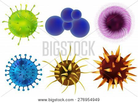 Set Of Viruses And Bacteria Isolated Against A Blom Background. Viruses And Bacteria Under The Micro