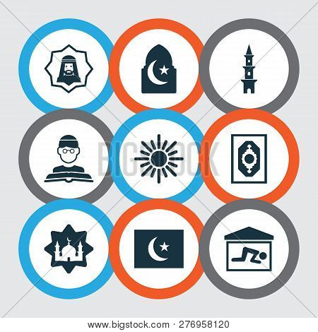 Religion Icons Set With Flag, Imam, Masjid And Other Mosque Elements. Isolated Vector Illustration R