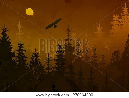 Winter Forest With Bald Eagle In Flight, Light Blue Fog Background, Vector Mountain Landscape. Chris