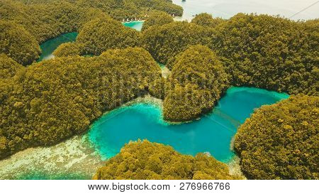 Aerial View: Bucas Grande Island, Sohoton Cove. Philippines. Tropical Sea Bay And Lagoon, Beach. Tro