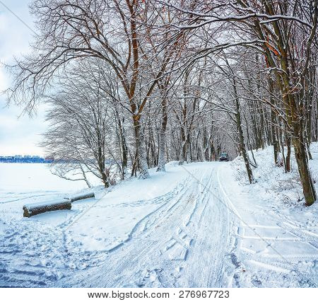 Single Car On A Winter Road In The Forest. Lots Of Snow At Winter