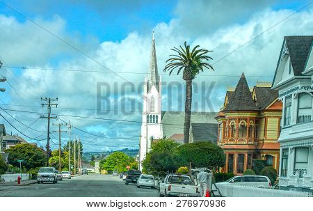 Ferndale California June 15 2013 - Main Street With Its Victorian Architecture Featuring A Church Wi