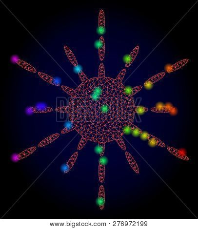 Glossy Polygonal Red Mesh Sun Rays Icon With Glare Effect On A Dark Background. Carcass Sun Rays Ico