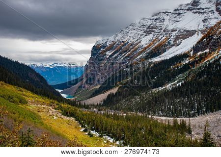Scenic Autumn Views Of The Lake Louise Area And Hiking Plain Of The 6 Glaciers In Banf National Park