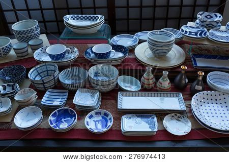 Arita, Japan - October 30, 2018: Shop window with Arita ware, Japanese porcelain, made in the area around the city Arita