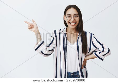 Gisl Pointing At Great Place Just Around Corner, Asking Friend Drink Coffee And Chat. Portrait Of Ha