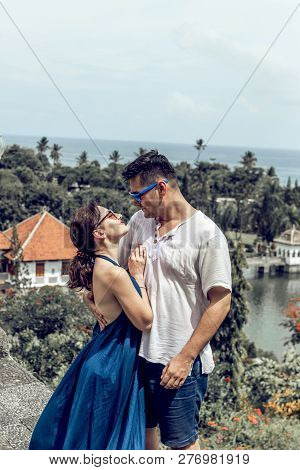Bali, Indonesia - December 29, 2018: Young Couple At Taman Ujung Water Palace.