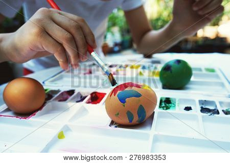 Colorful Easter Eggs Painting Activity With Color Tray Background, Fun Event For Kid Concept, Copy S