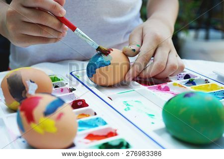 Colorful Easter Eggs Painting Activity With Color Tray Background, Fun Event For Kid Concept, Copy S