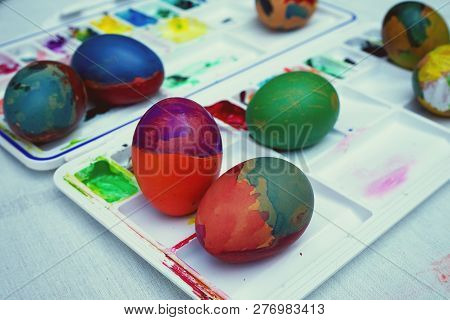 Colorful Easter Eggs Painting Activity With Color Tray Background, Fun Event For Kid Concept, Copy S