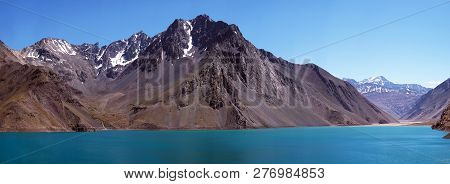 Panorama Of The Embalse De Yeso Reservoir In Cajon Del Maipo.  Near Santiago, Chile.