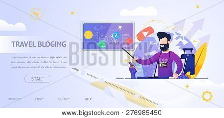 Banner Illustration Travel Bloging Video Online. Guy Talk About Traveling From Screen Laptop Monitor