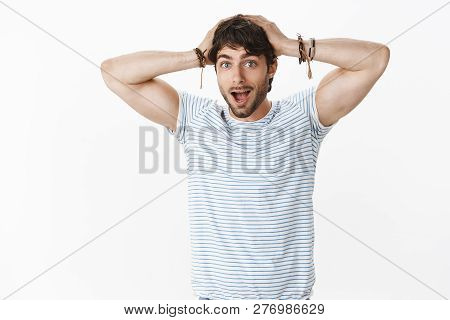 Guy Cannot Believe Miracle Can Happen. Portrait Of Impressed And Surprised Speechless Attractive Boy