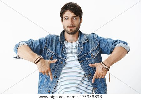 Waist-up Shot Of Chill And Joyful Young Handsome Male Entrepreneur In Denim Jacket With Blue Eyes An