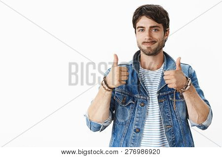 Nice Job Proud Of You. Portrait Of Satisfied Good-looking Male Cusomer With Blue Eyes And Bristle In