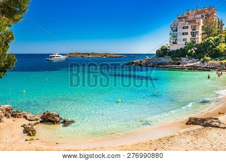 Beautiful Beach With Luxury Yacht On Majorca, Beautiful Bay Of Platja Illetes, Spain Balearic Island