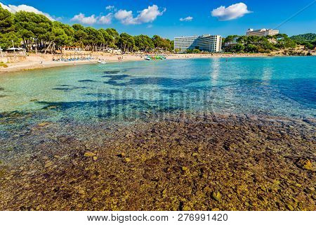 Beautiful Beach Of Platja De Tora, Paguera On Mallorca Island, Spain Mediterranean Sea