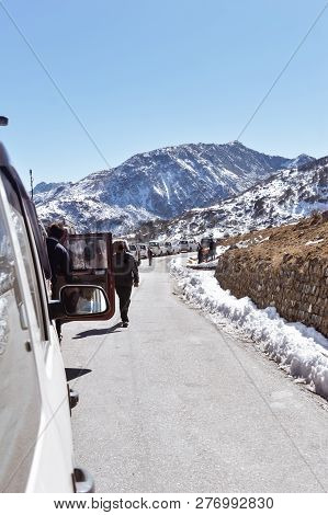 Traffic Jam And Highway Blockage Due To Snowfall At Tsomgo Lake. Tourist Vehicles Lined Up To Climb 