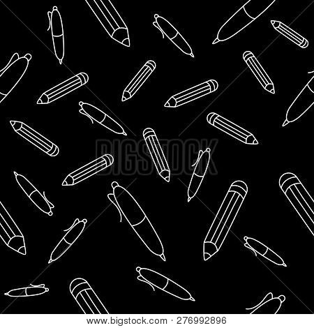 White Pencil And Pen Pattern On Black Background
