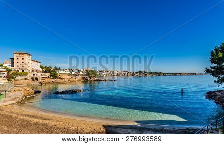 Idyllic View Of Beach Bougainvillea Calo Dels Malls/mais Near Palma De Mallorca, Spain Mediterranean