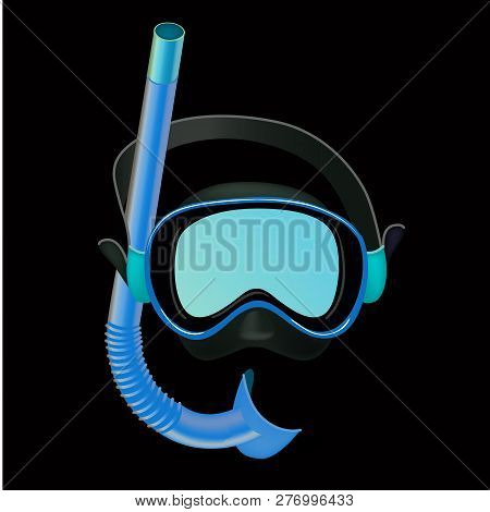 Realistic Blue Diving Mask On Black Background, Diving Tube, Swimming Equipment, Snorkeling