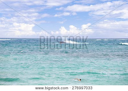 Sunken Ship And Sargassum Algae In The Atlantic Ocean