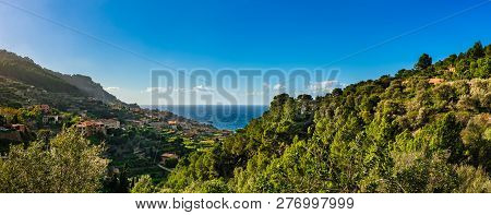 Idyllic Panorama View Of Banyalbufar At The Coastline Of Majorca Island, Spain