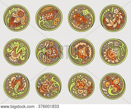 Vector Set Of Circles With Ethnic Floral Elements